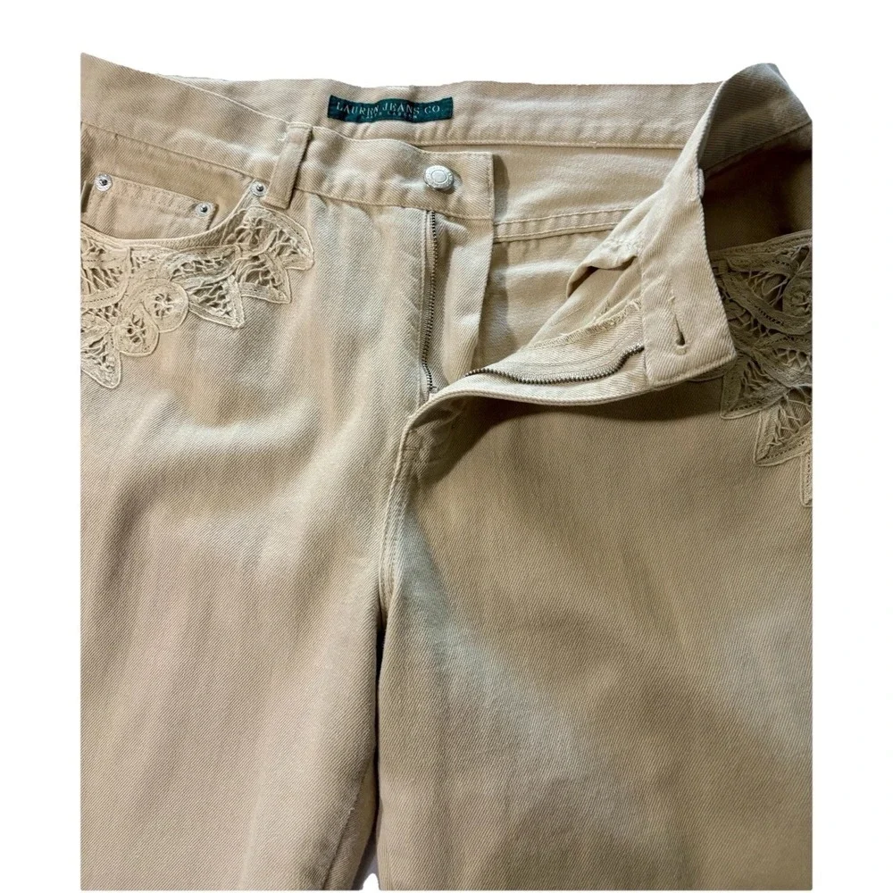 Y2K LAUREN Jeans Co 10 Sand Battenburg Lace Trim Pants Bootcut Leg Jeans Romance